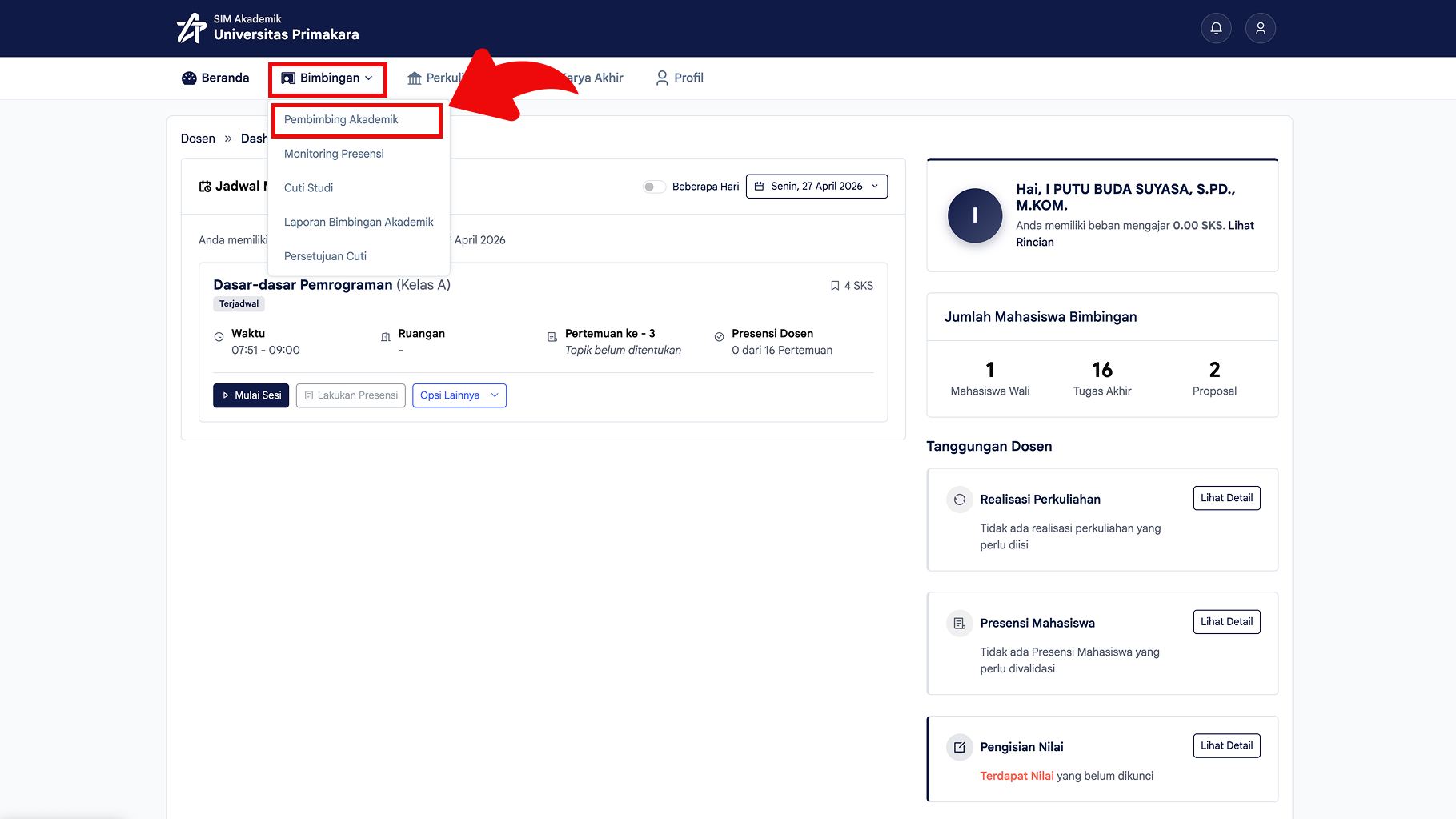 Menu Pembimbing Akademik