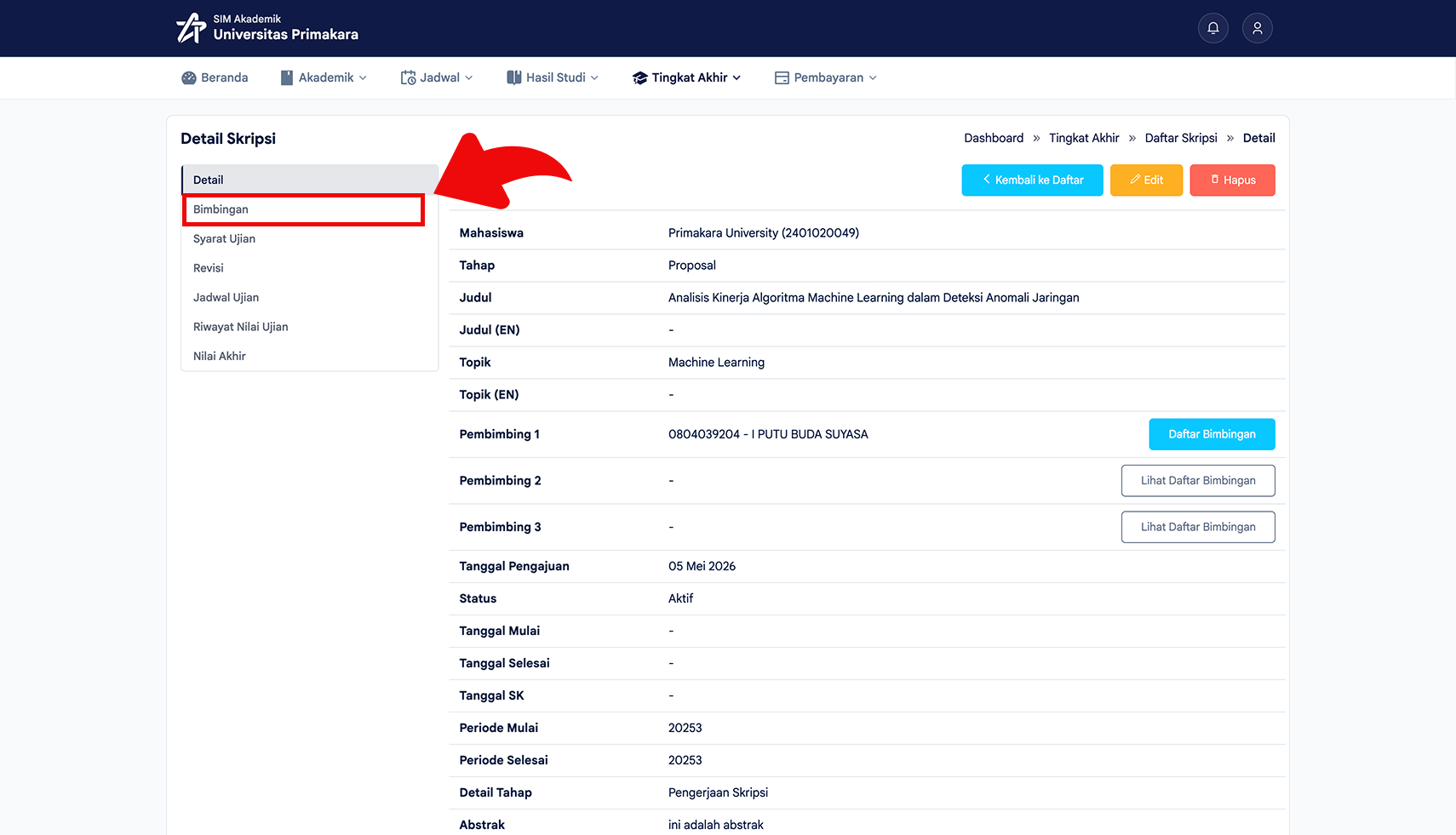 Membuka menu bimbingan dari detail skripsi
