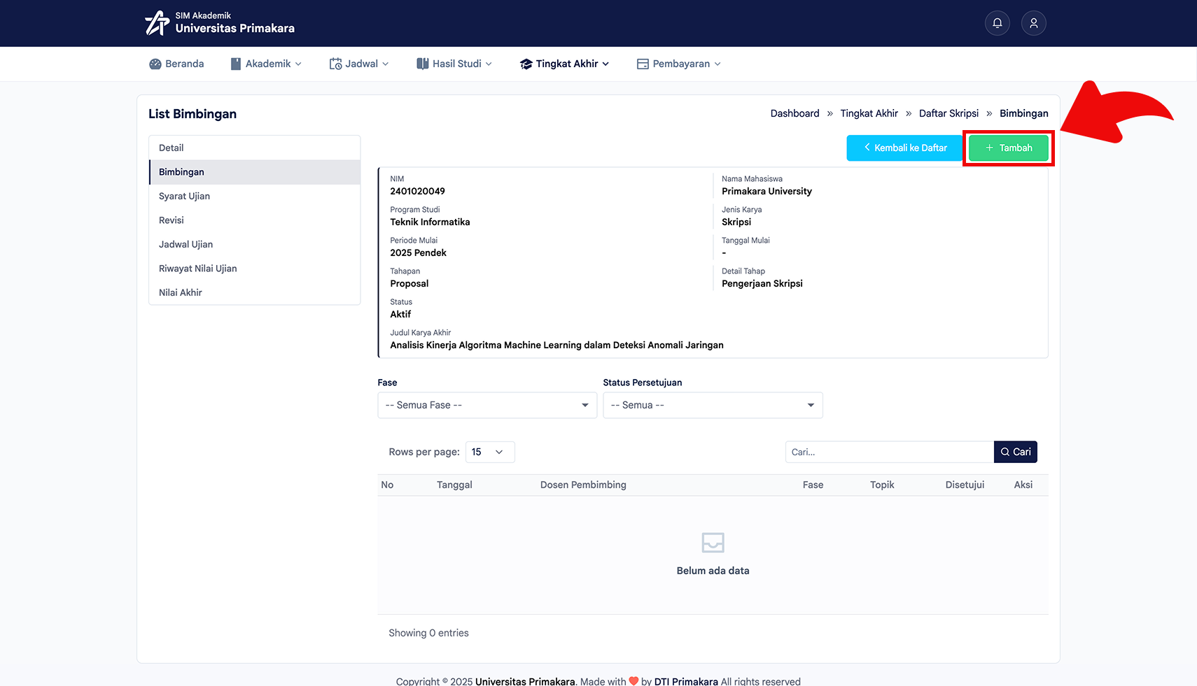 Klik tombol tambah pada list bimbingan