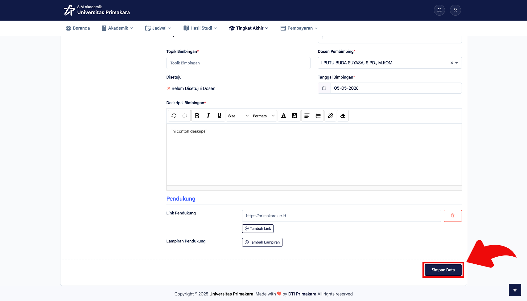 Klik simpan data pada form bimbingan