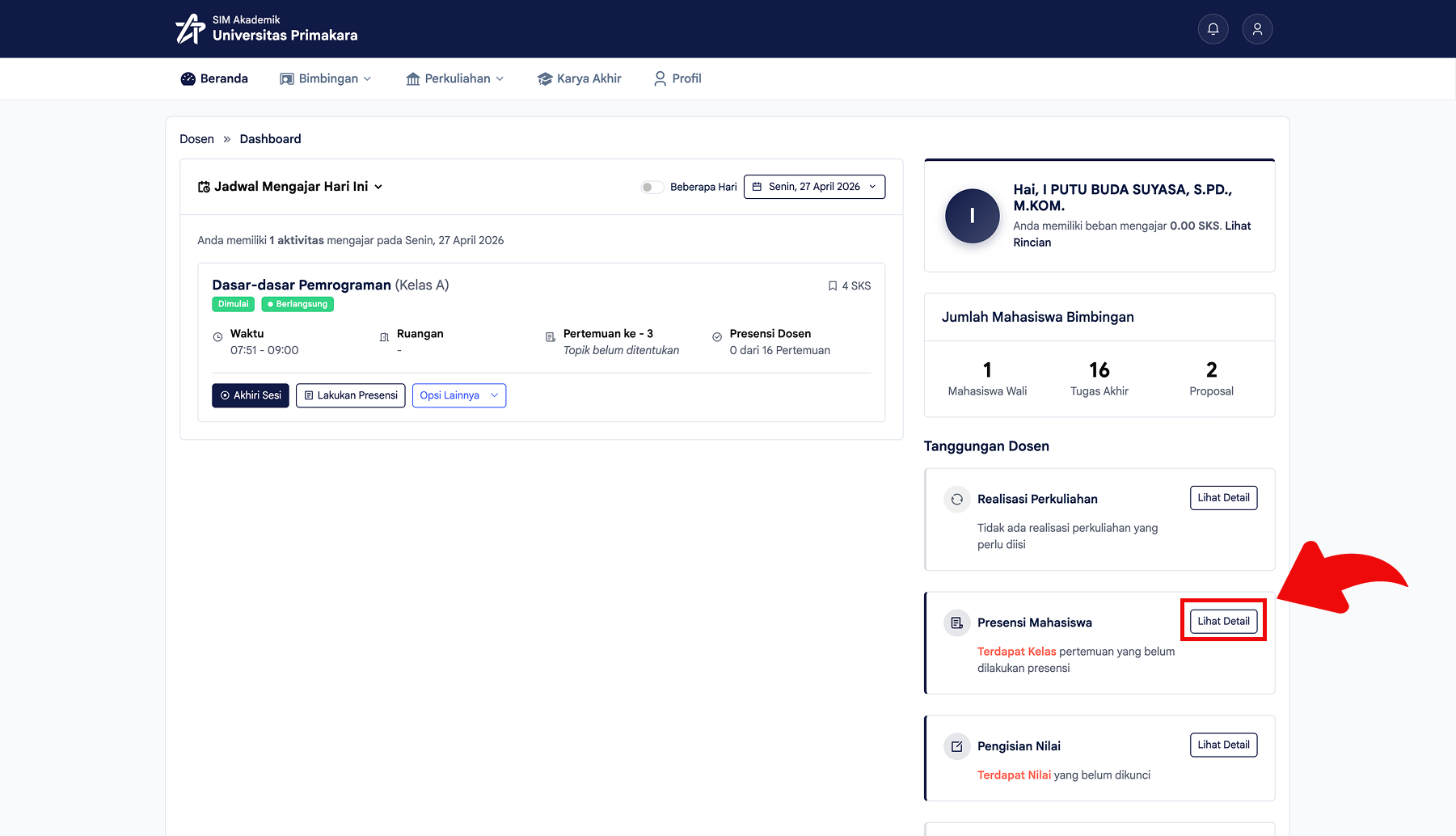 Presensi Mahasiswa pada Dashboard