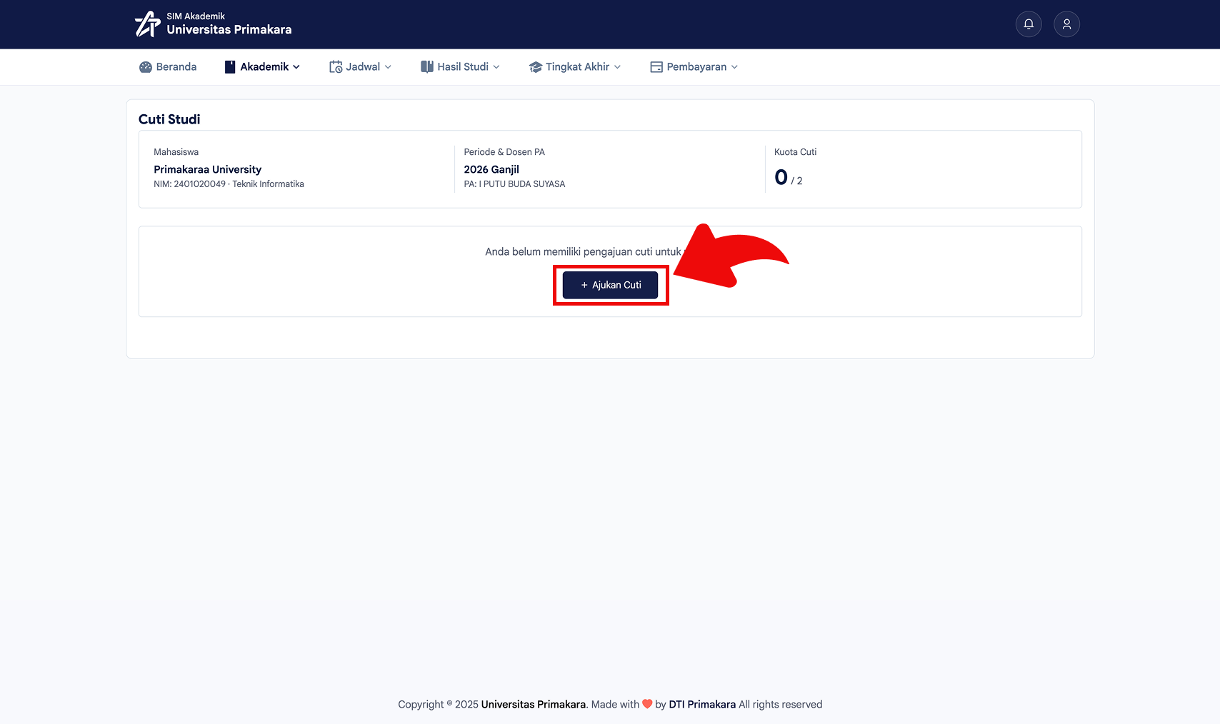 Klik tombol Ajukan Cuti pada halaman Cuti Studi