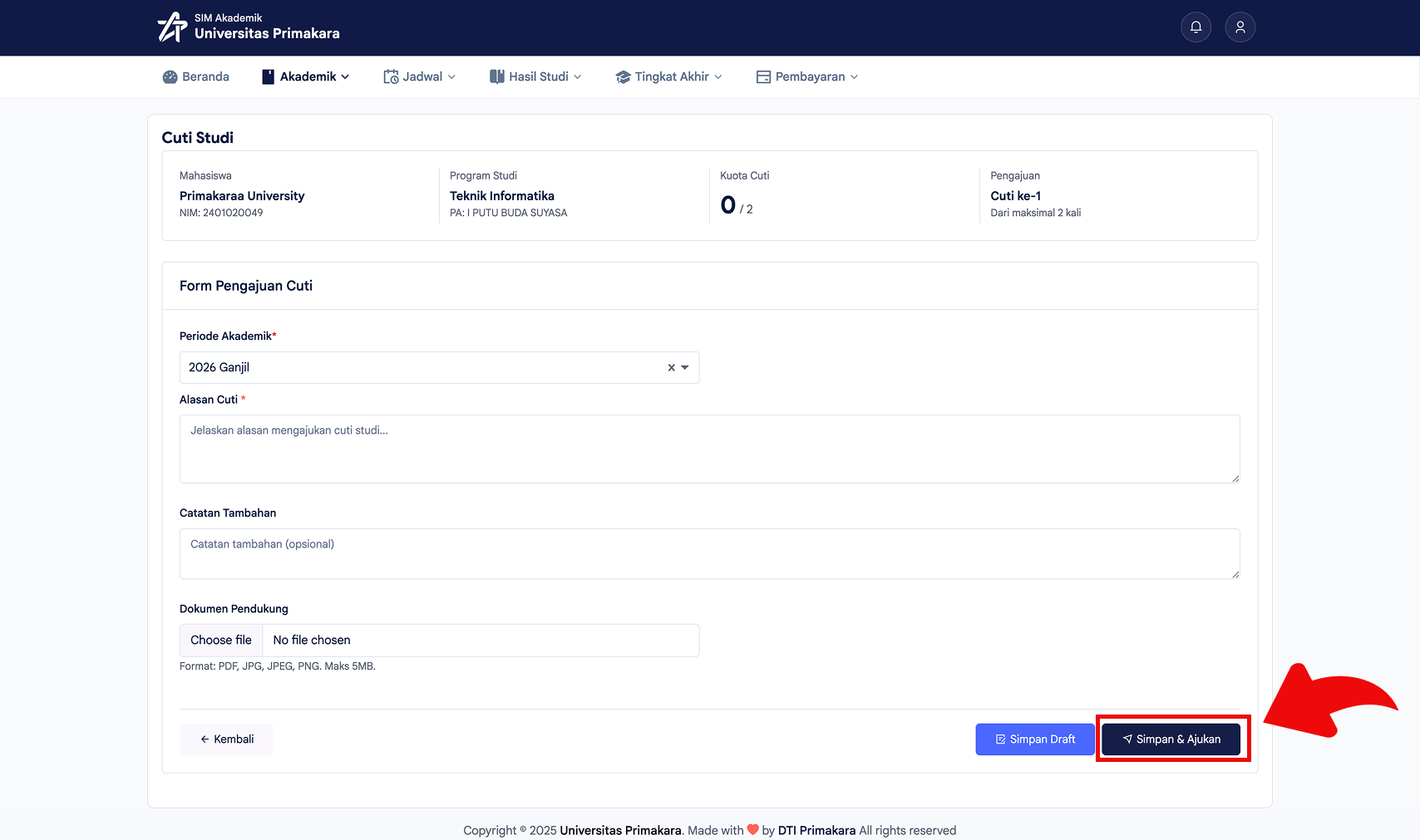 Mengisi form pengajuan cuti lalu klik Simpan dan Ajukan