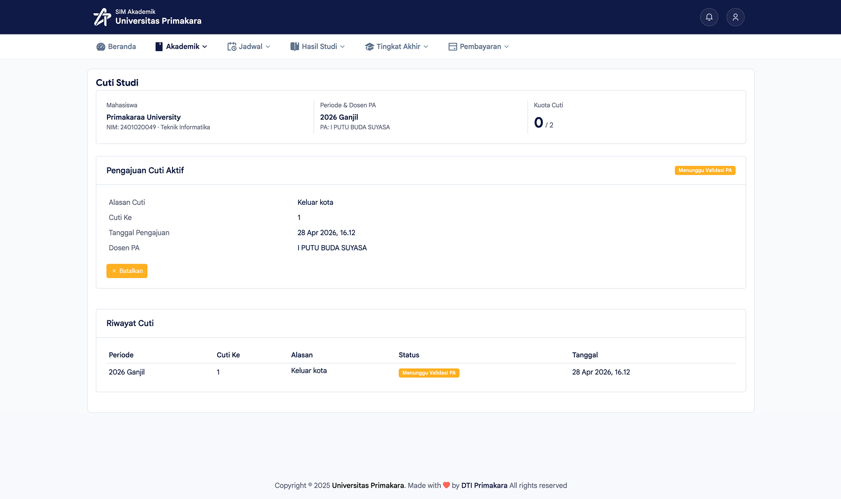 Status pengajuan cuti menunggu validasi PA