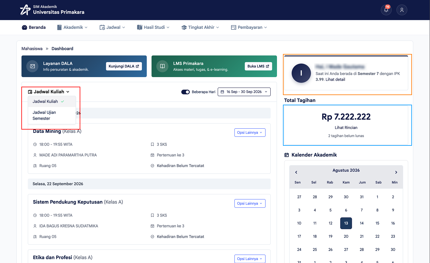 Tampilan Dashboard mahasiswa pada SISKA