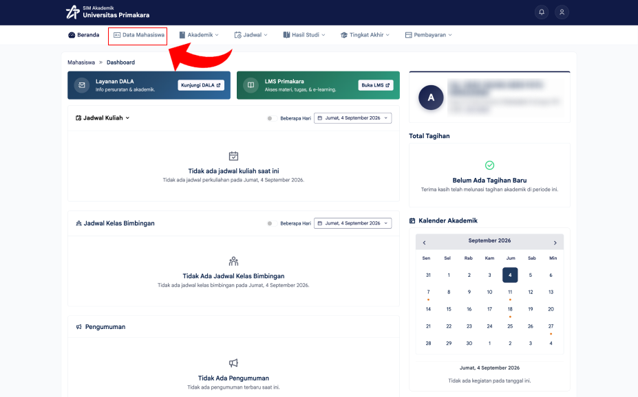Menu Data Mahasiswa