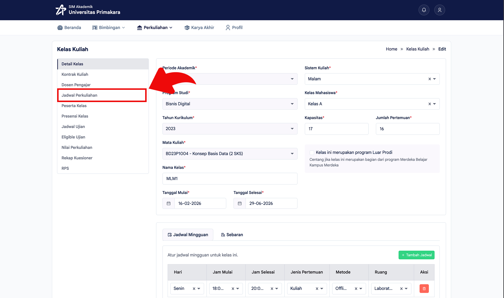 Membuka tab Jadwal Perkuliahan di detail kelas