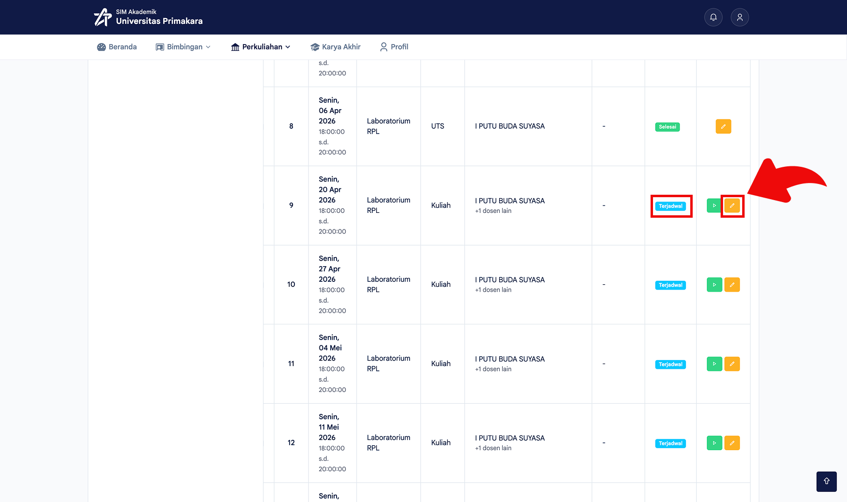 Memilih sesi terjadwal dan klik tombol Edit