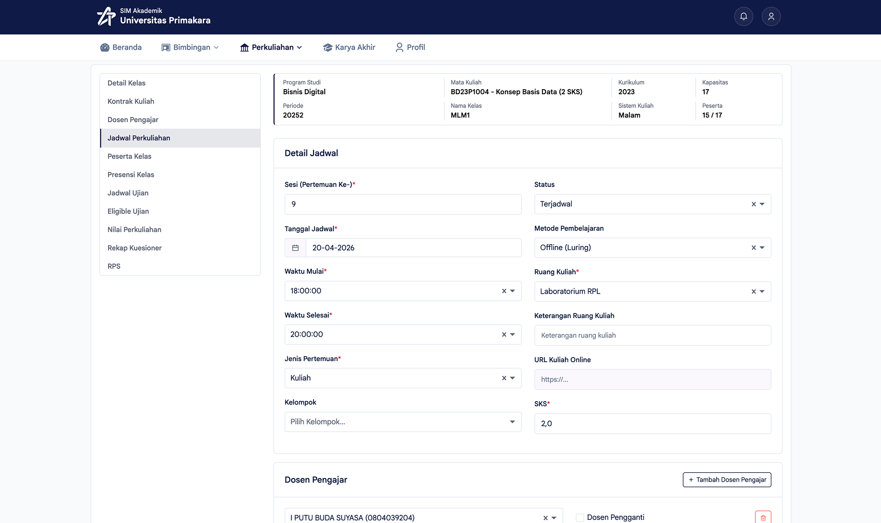 Mengubah data pada form Detail Jadwal