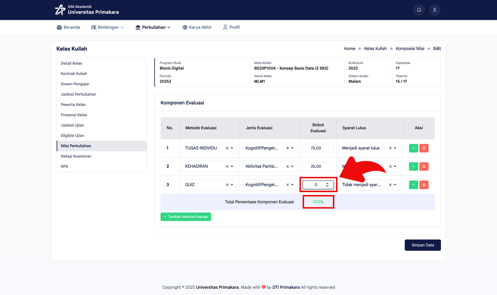 Memastikan total bobot 100 persen