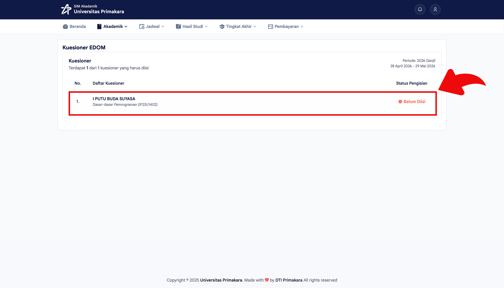 Memilih kuesioner dengan status Belum Diisi