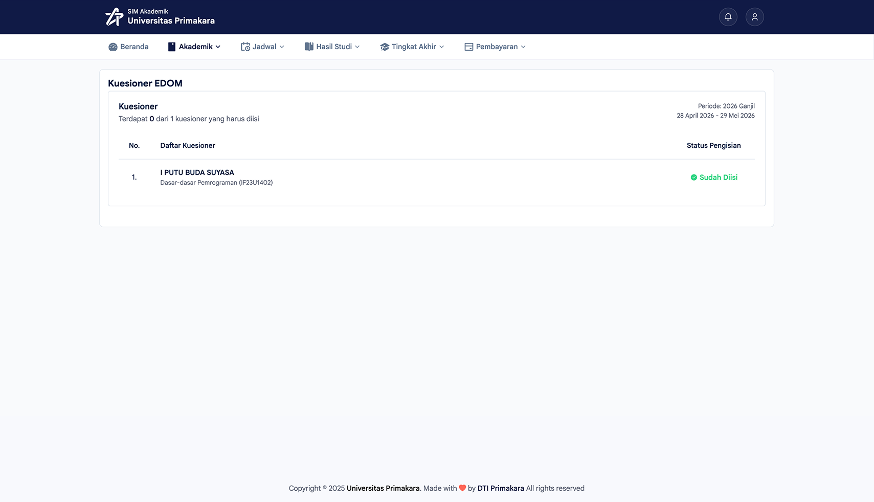 Status kuesioner berubah menjadi Sudah Diisi