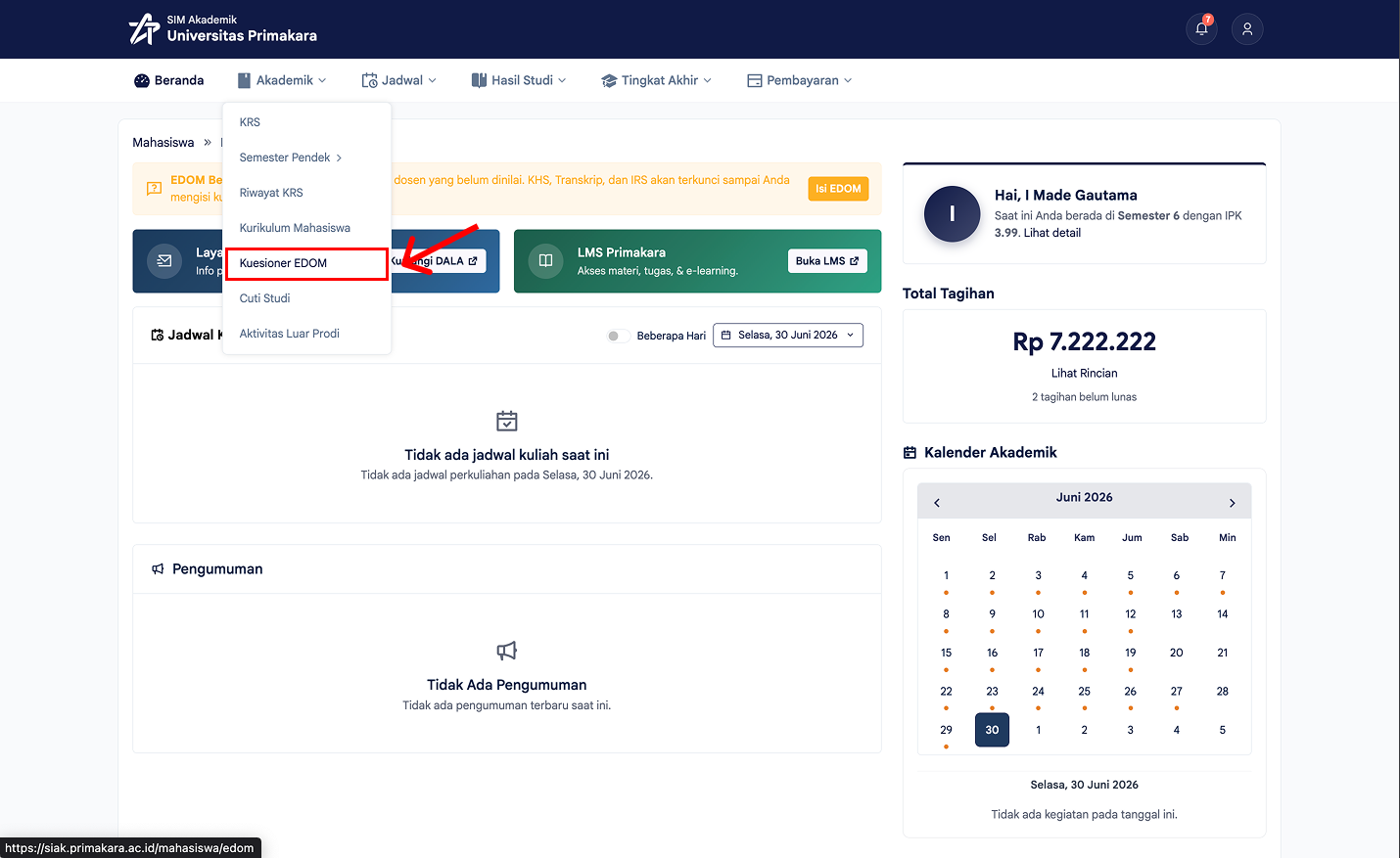 Membuka menu Akademik menuju Kuesioner EDOM