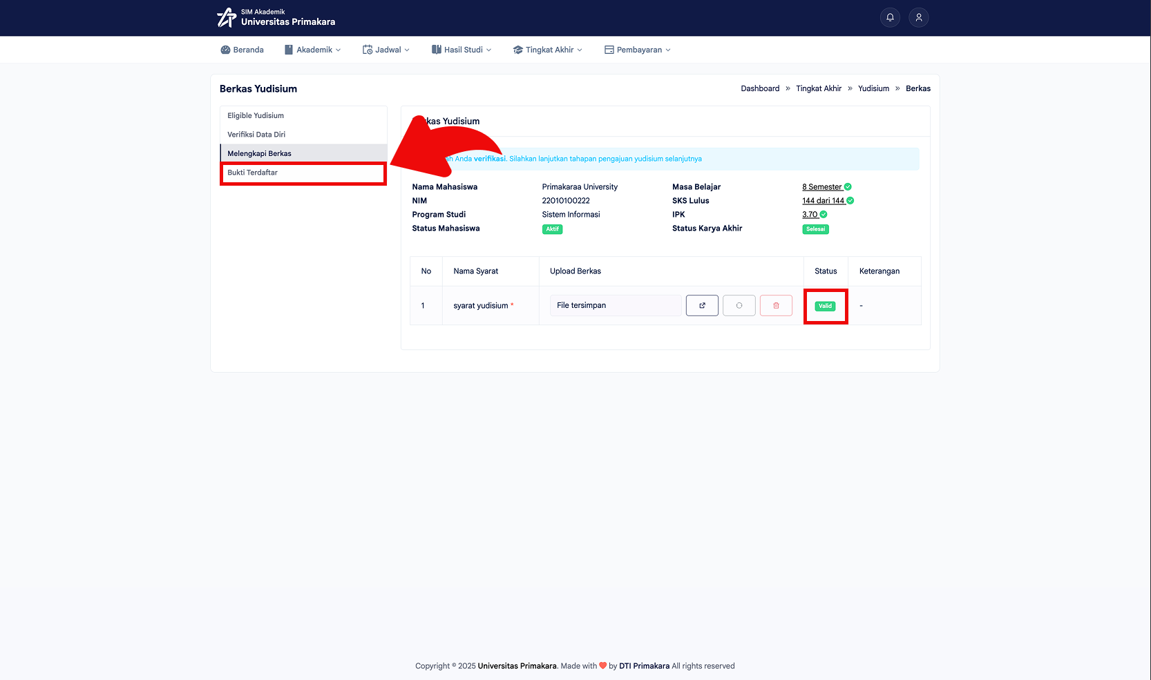 Status berkas valid dan akses bukti terdaftar