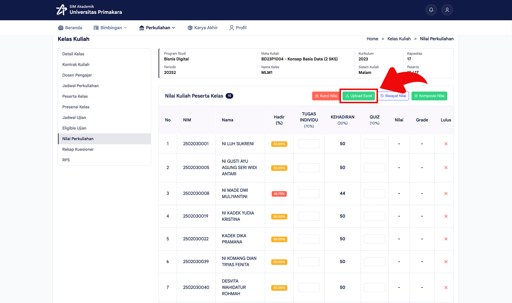 Membuka fitur upload Excel