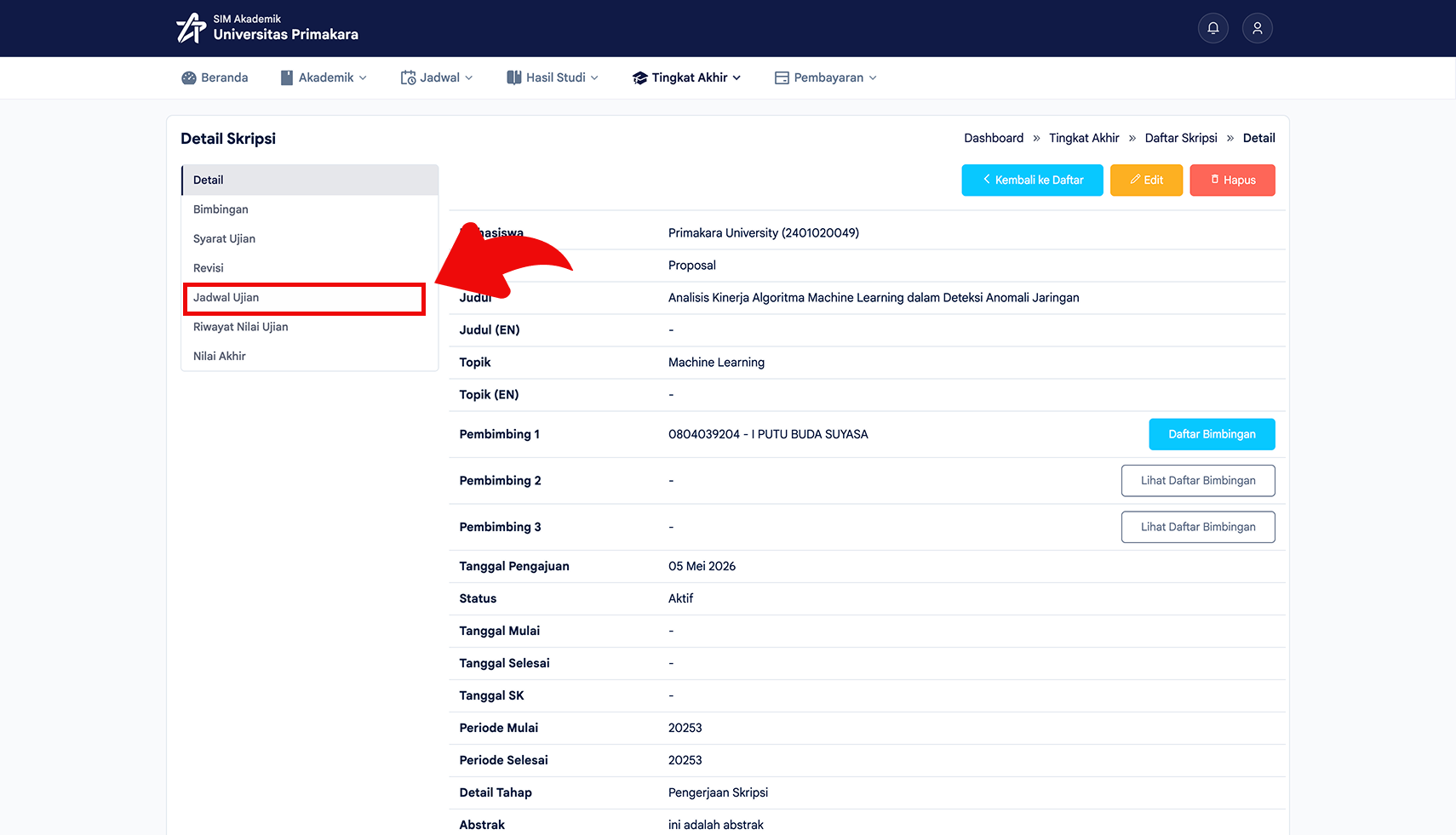 Membuka menu Jadwal Ujian dari detail skripsi