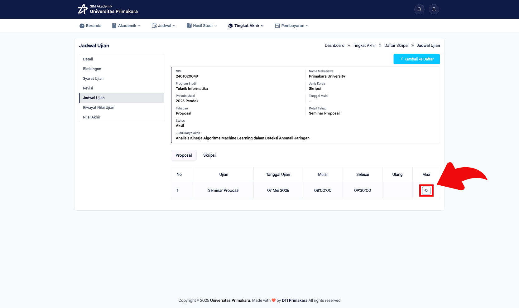 Klik tombol detail pada daftar jadwal ujian