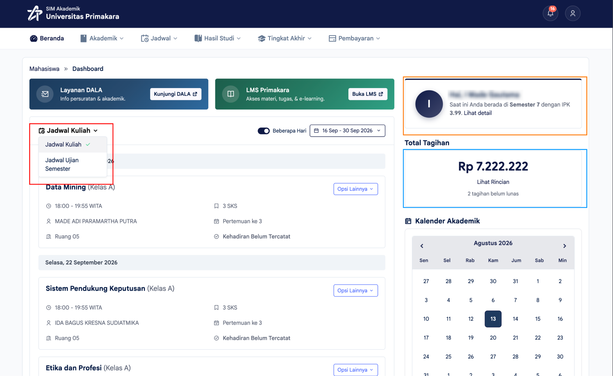 Memilih Jadwal Kuliah atau Jadwal Ujian Semester pada Dashboard