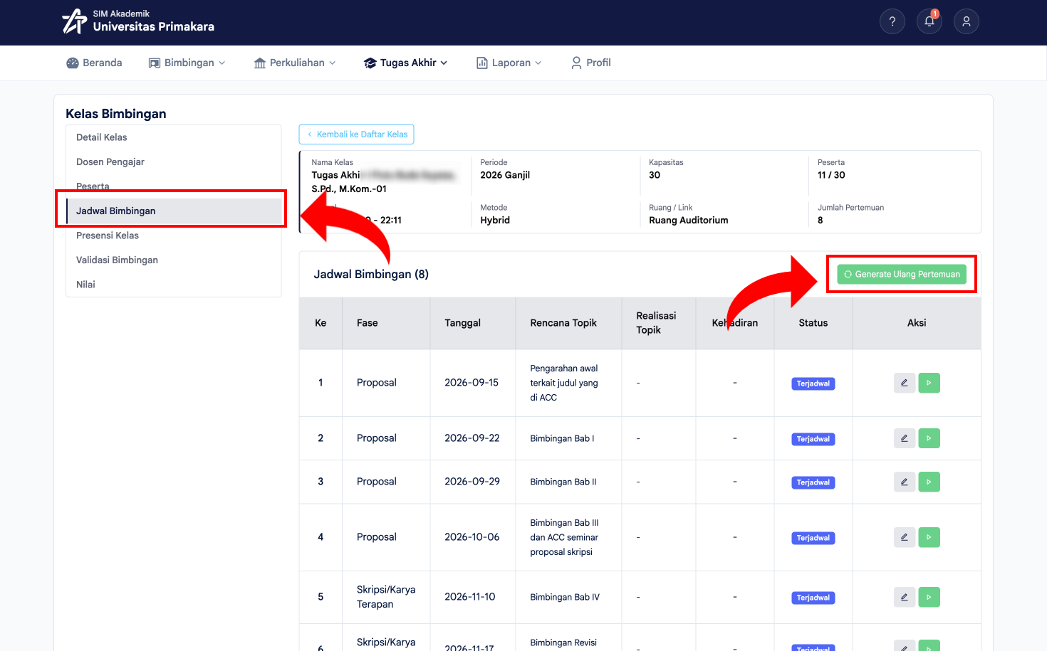Klik Generate Ulang Pertemuan pada sub-menu Jadwal Bimbingan
