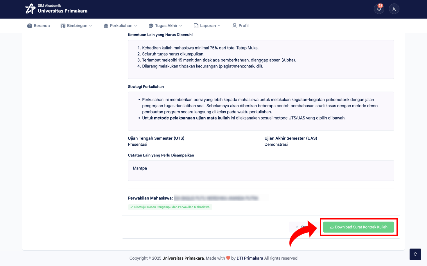 Kontrak Kuliah tersimpan beserta tombol Download Surat Kontrak Kuliah
