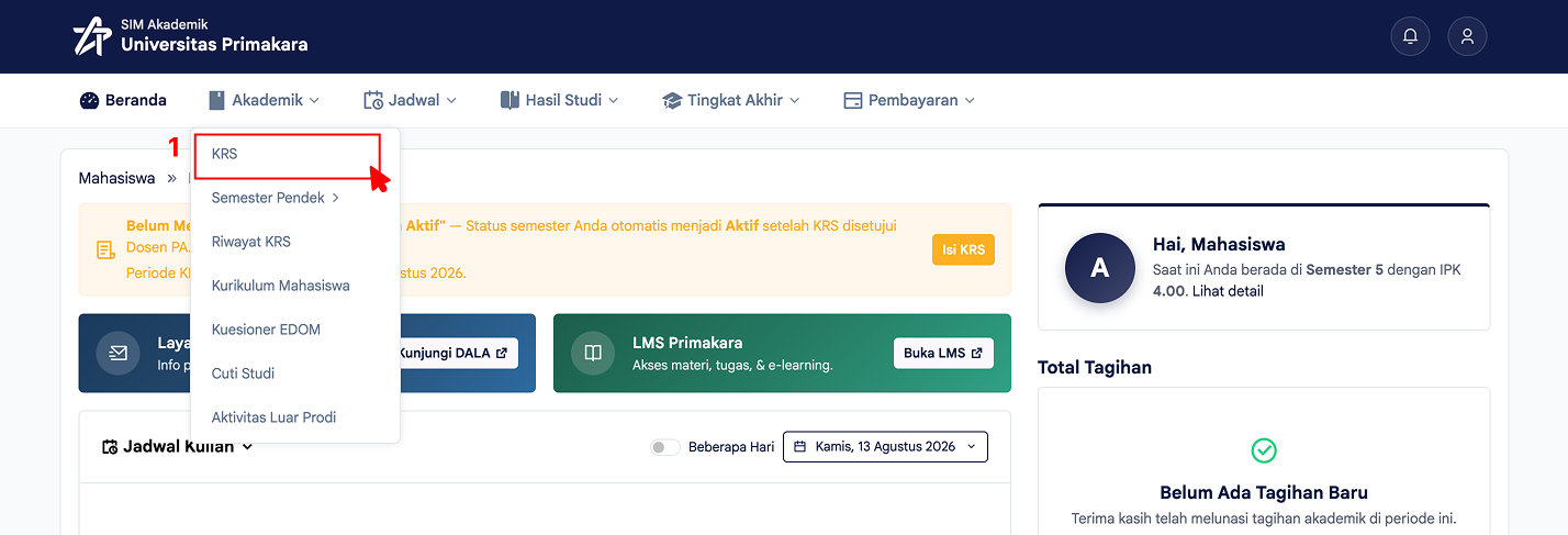 Membuka menu Akademik lalu memilih KRS