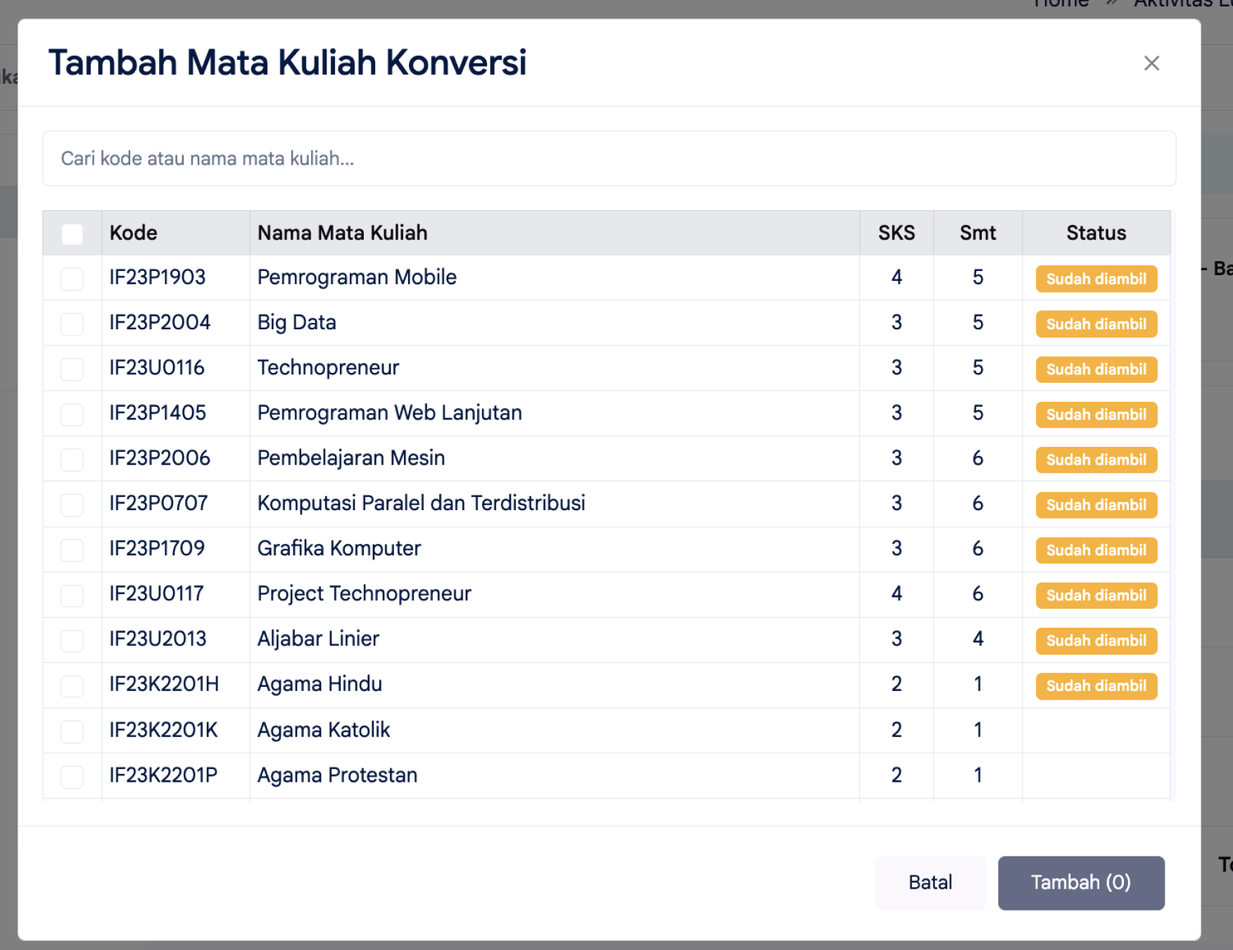 Memilih mata kuliah pada jendela Tambah Mata Kuliah Konversi