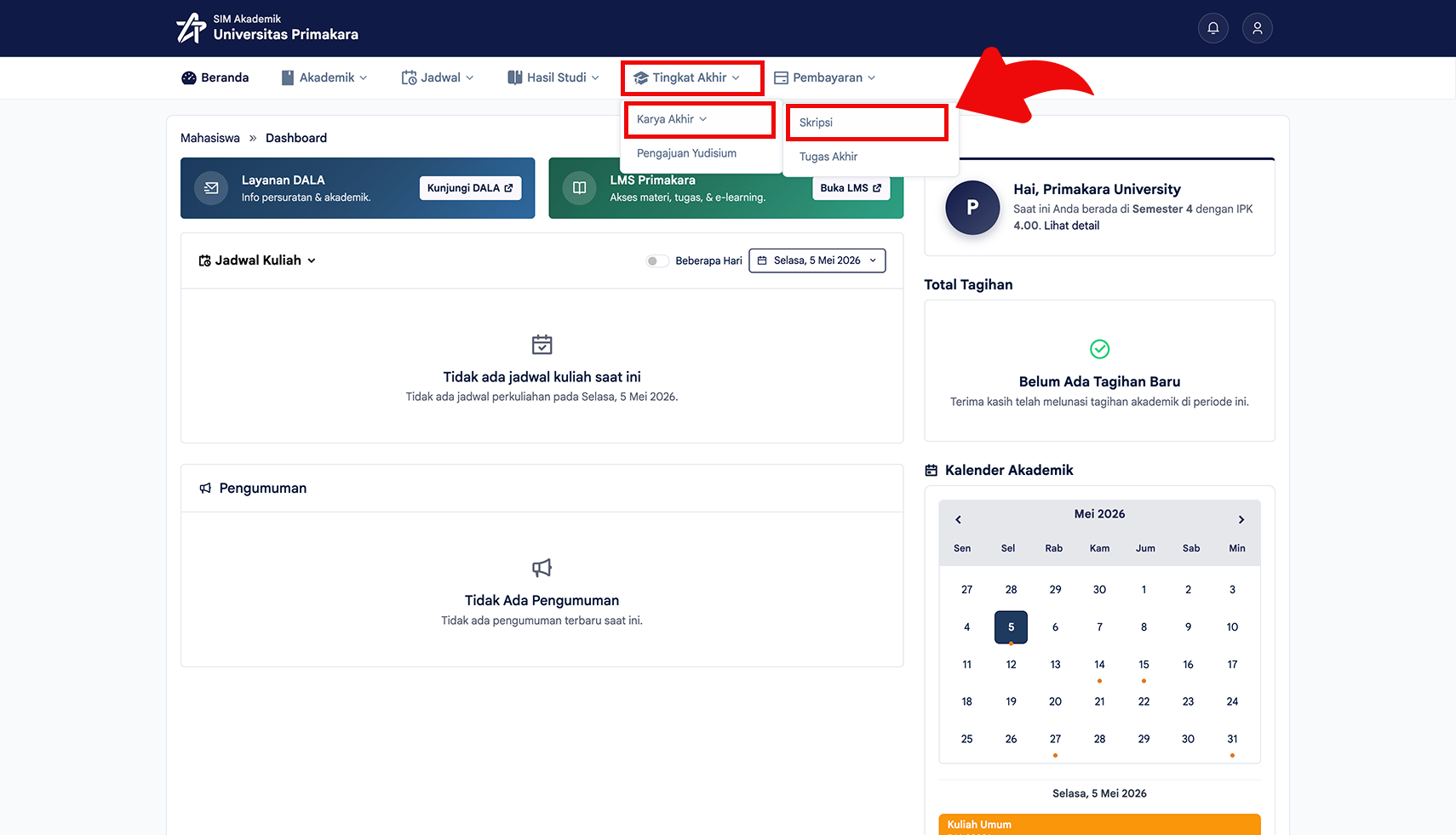 Membuka menu Tingkat Akhir lalu memilih Karya Akhir Skripsi
