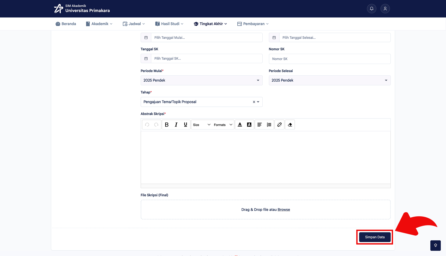 Klik tombol Simpan Data pada form skripsi