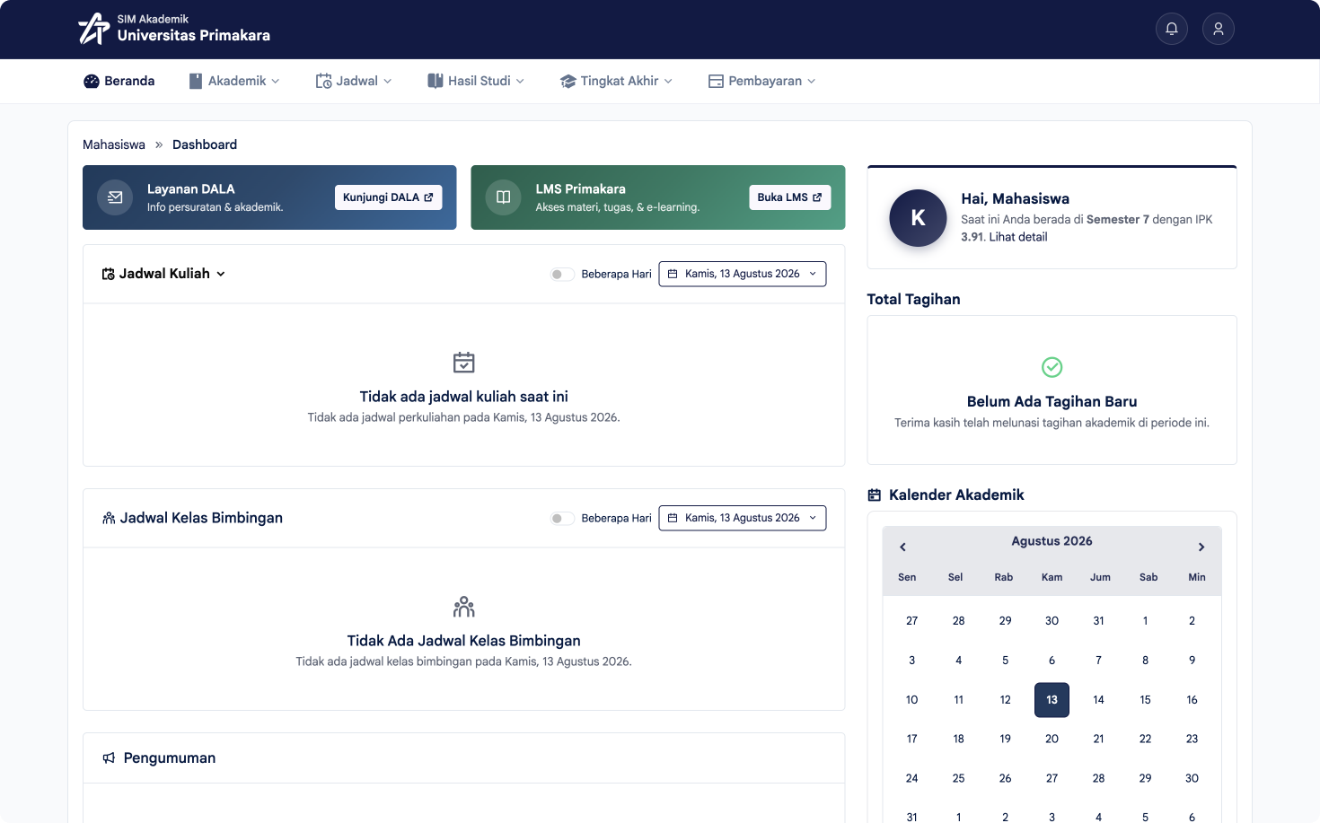 Dashboard SISKA setelah berhasil login menggunakan SSO