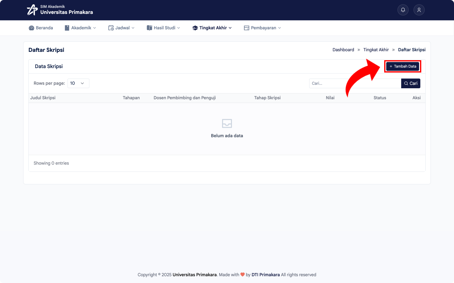 Klik tombol Tambah Data pada halaman Daftar Skripsi