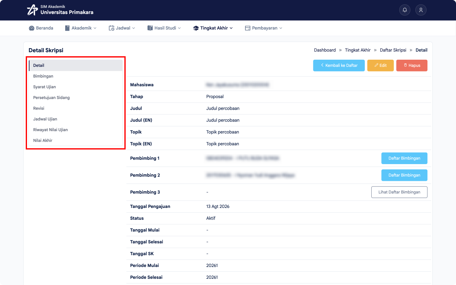 Menu Detail Skripsi sudah terbuka penuh setelah pengajuan disetujui