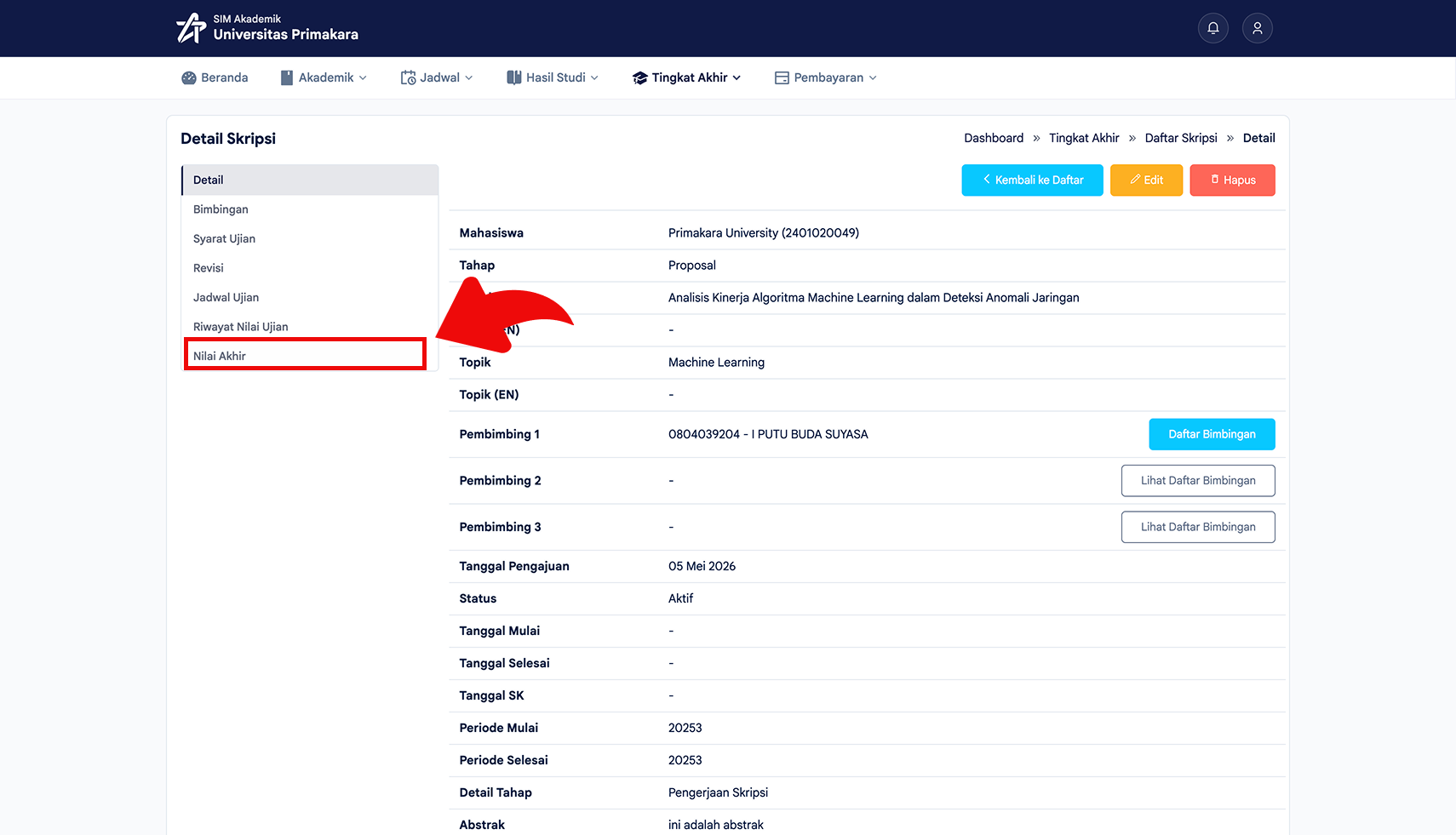 Membuka menu nilai akhir dari detail skripsi