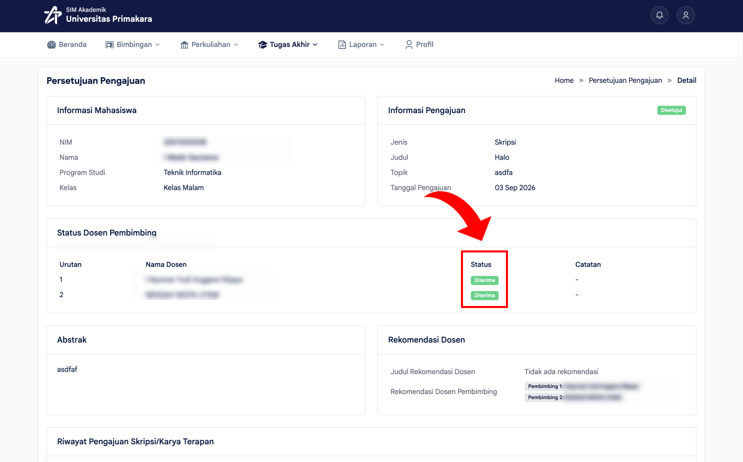 Status Diterima dari seluruh dosen pembimbing dan pengajuan Disetujui