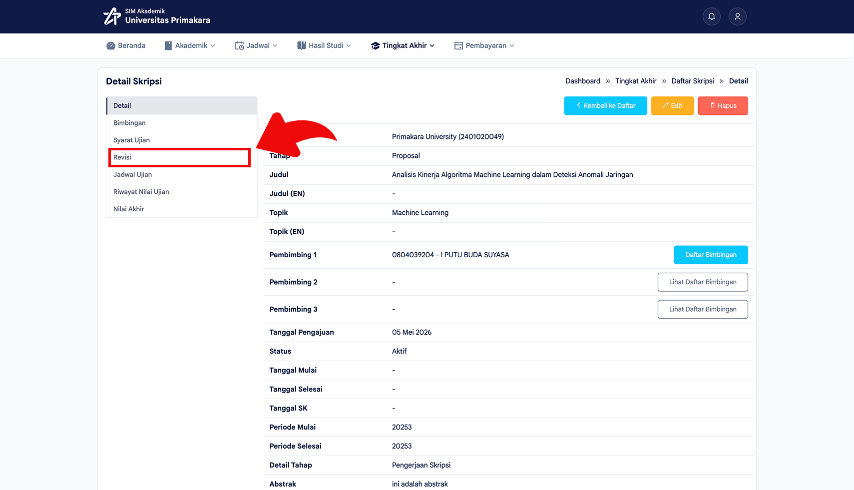 Membuka menu revisi dari detail skripsi