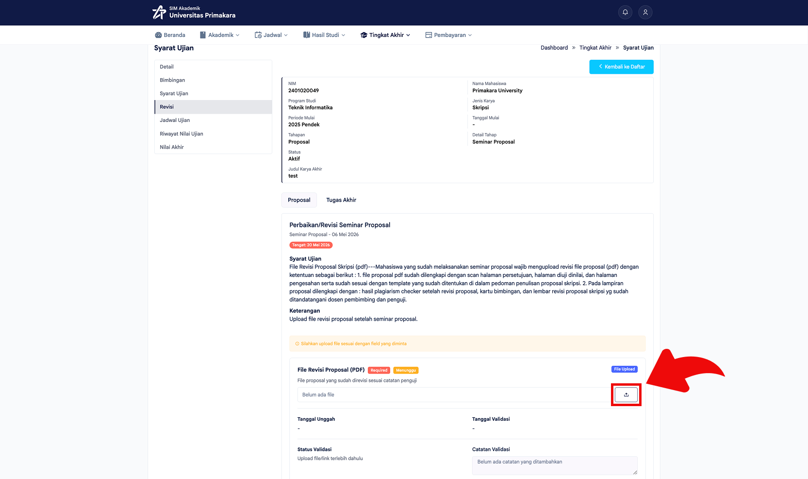 Klik tombol upload pada field revisi