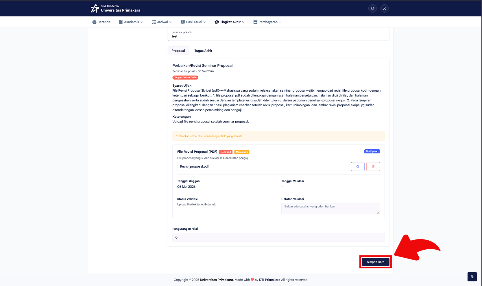 Klik simpan data setelah upload revisi