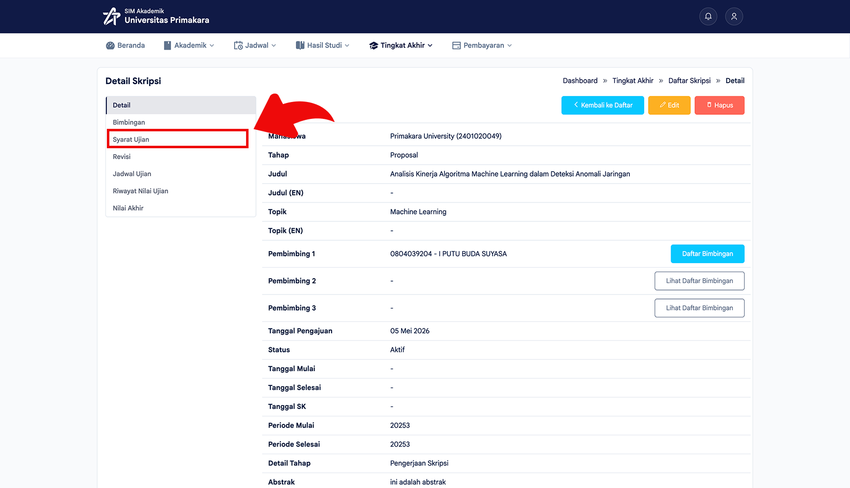 Membuka menu syarat ujian dari detail skripsi