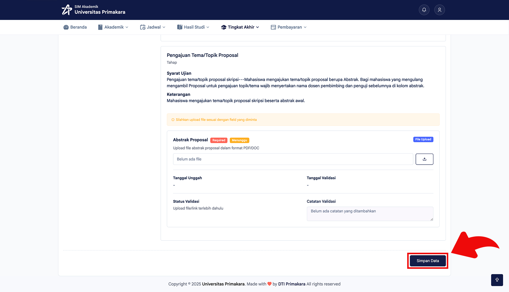 Klik simpan data setelah upload syarat ujian