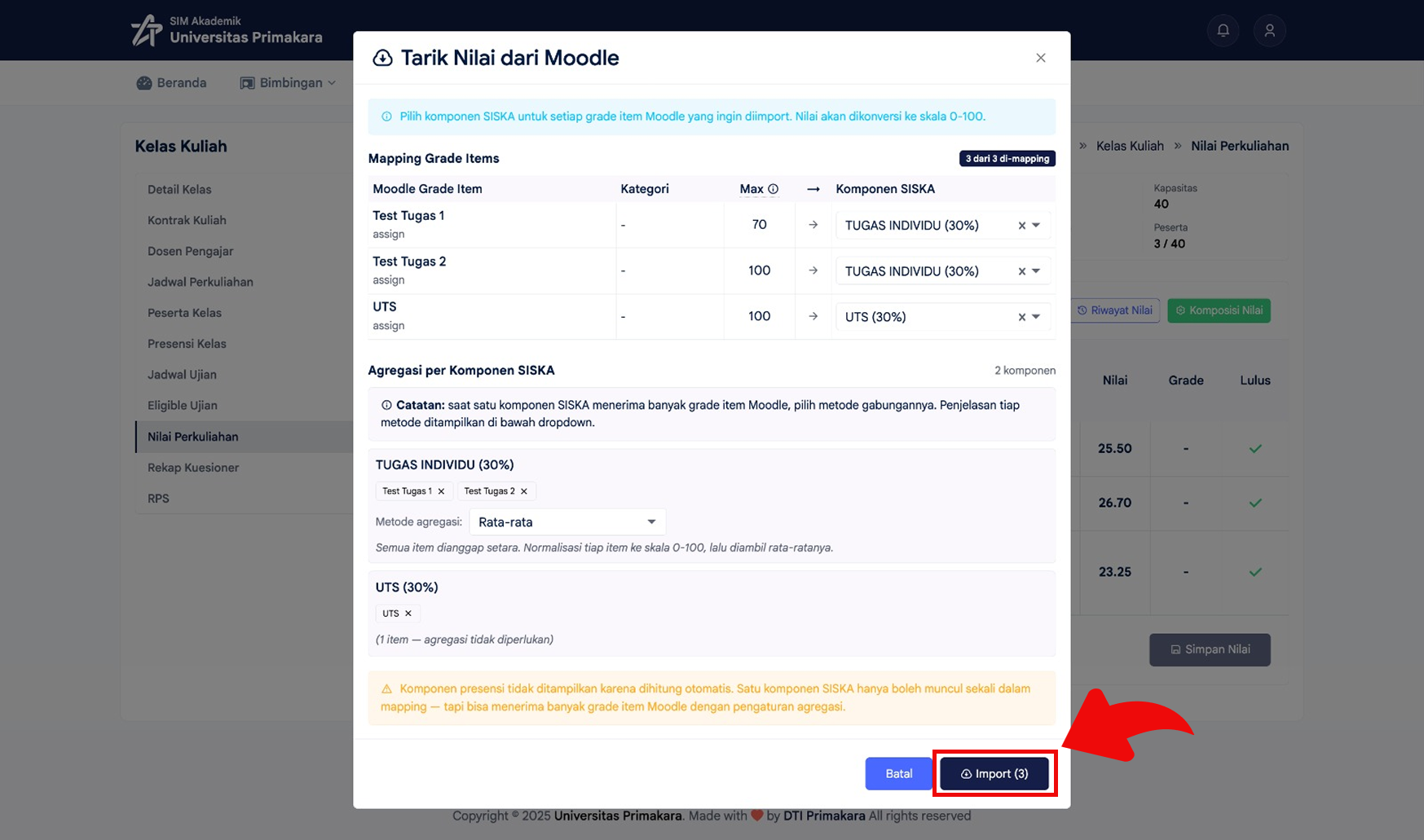 Mapping nilai Moodle ke komponen SISKA