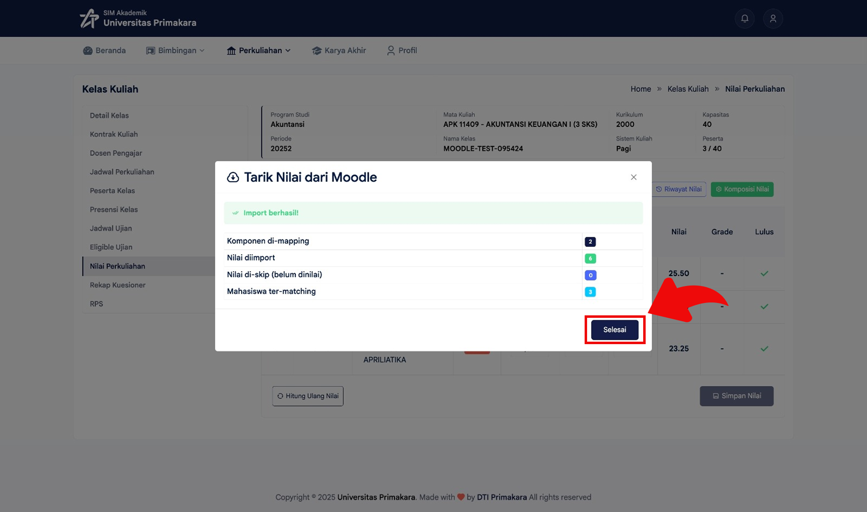 Import nilai dari Moodle berhasil