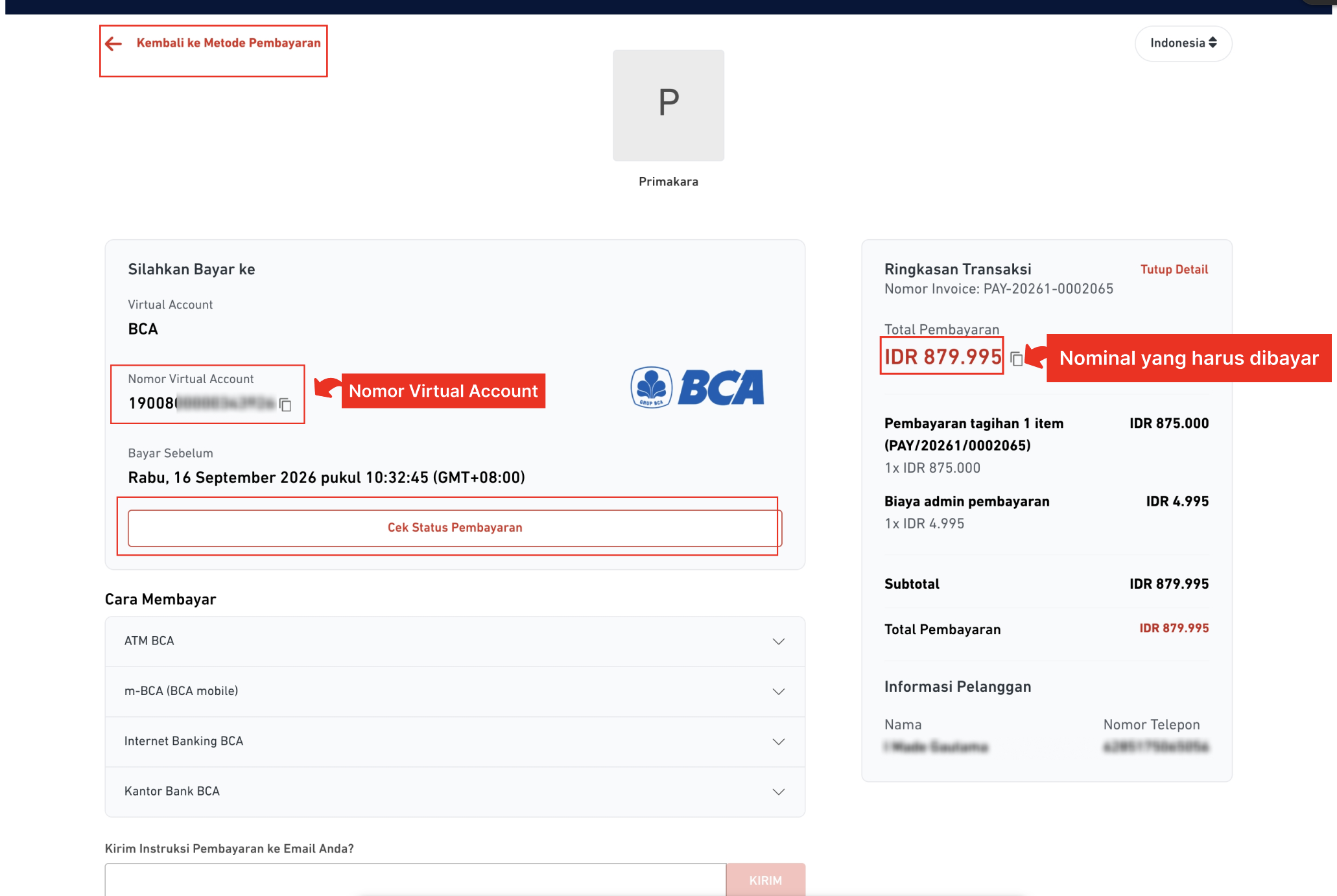 Instruksi dan Nomor Virtual Account pada DOKU Checkout